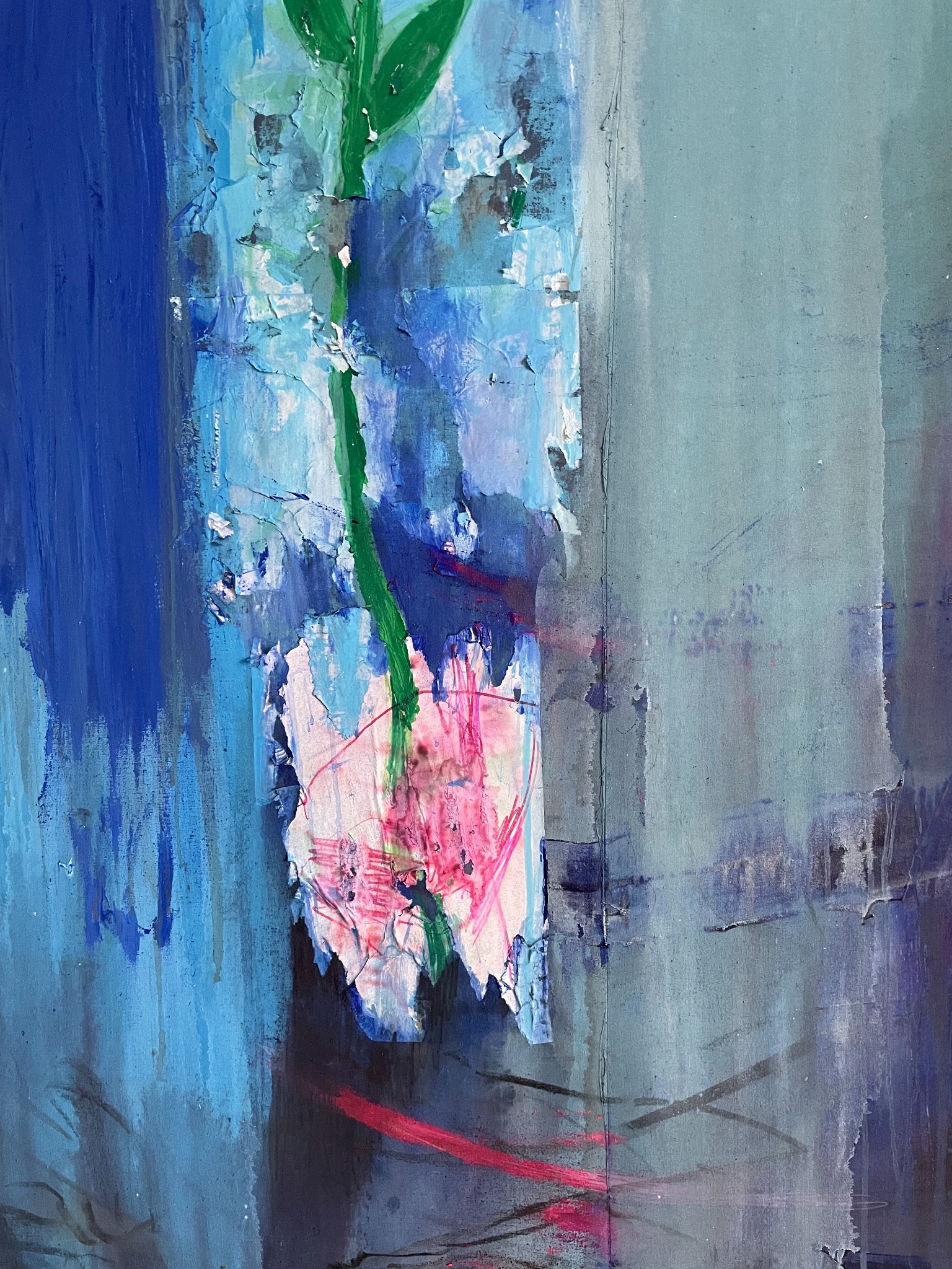 Photographic detail of Artificial Flowers III: raised paper edges, a green stem, pink marks and blue paint