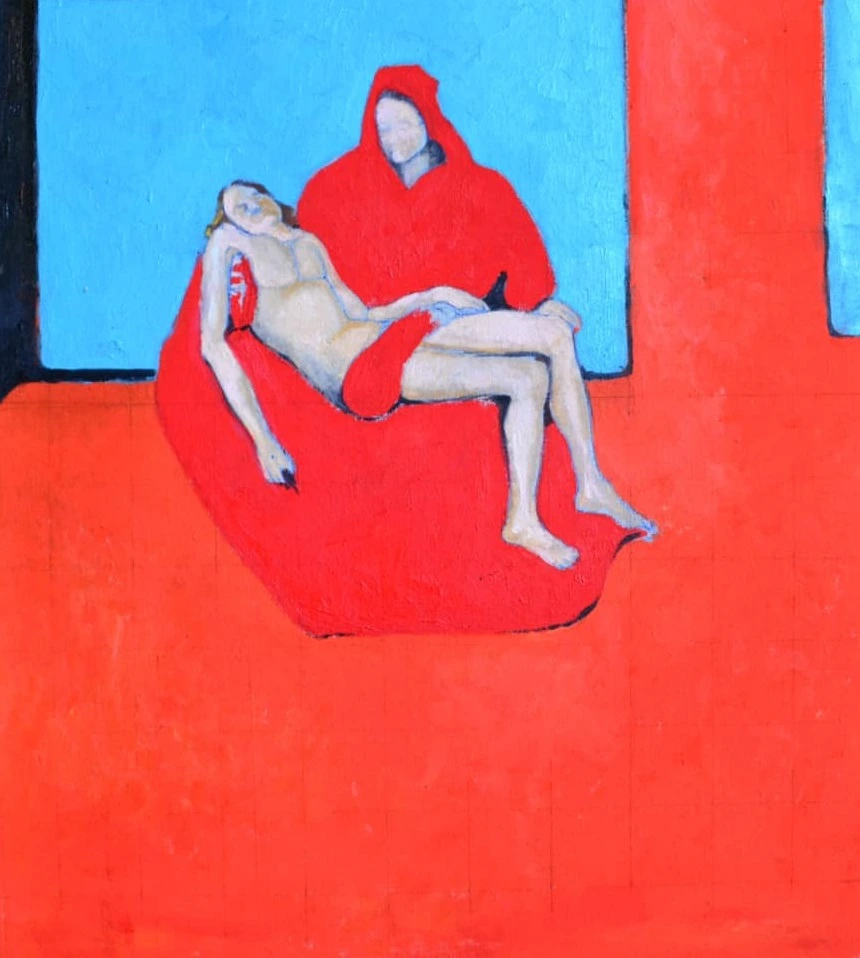 Gela Mikava, Pieta, 2019: a red-clad figure holding a pale body against blue and red fields